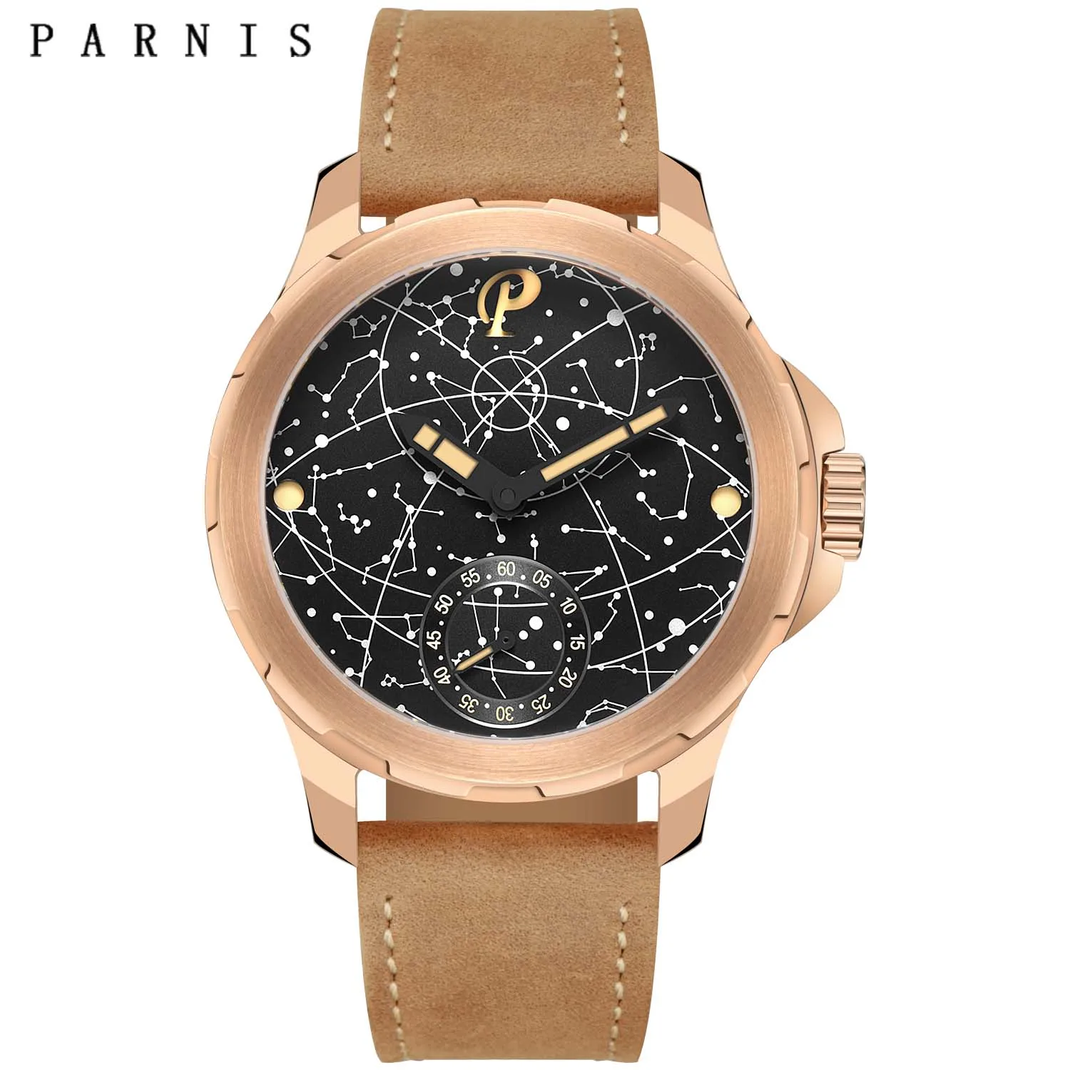 

Parnis 44mm Rose Gold Hand-Winding Mechanical Men Watches Yellow Scale Leather Strap Men Sapphire Watch relogios masculino 2024