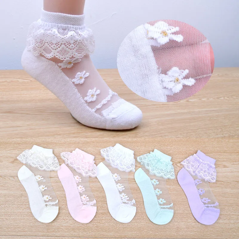 5 Pairs/Lot Summer Girls Socks Lovely Dot Crystal Silk Kids Socking Children Baby Girl Mesh Breathable Elastic Lace Sock