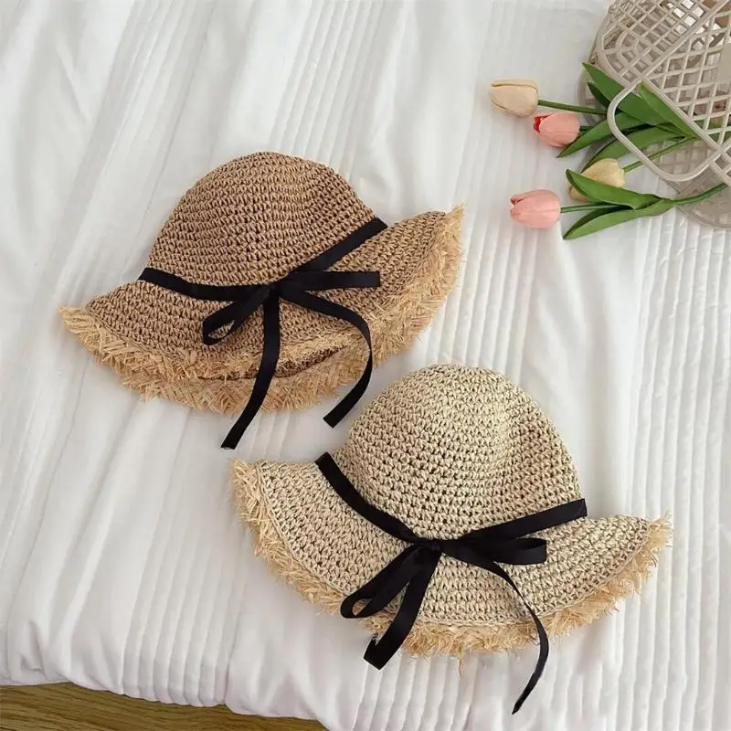 

652F Fashion Straw Hat for Girl Sun Protective Panama Hat Ruffle Trim Bowknot Beach Hat Spring Vacation Panama Hat for Kids