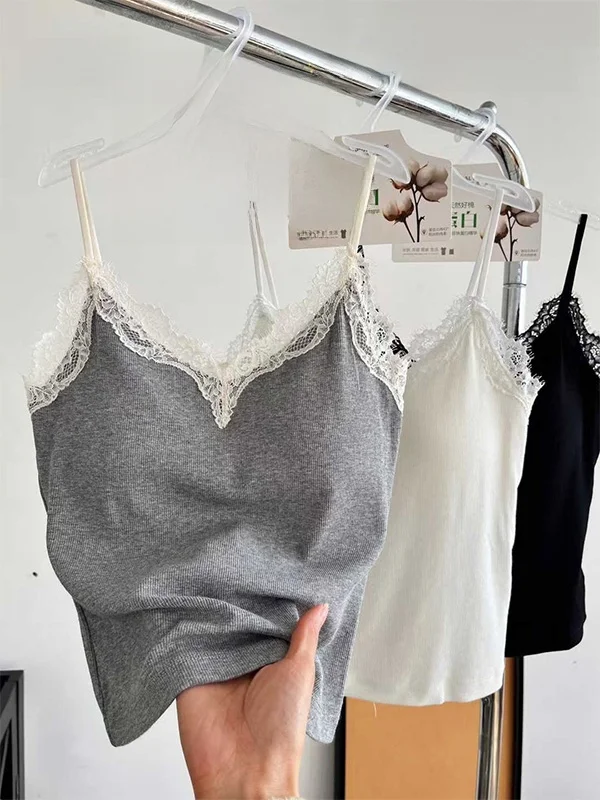 Sexy Pure Desire Summer Lace Eyelash Tangxi Home Fixed Cup Latex Gathered Strap Slimming Beautiful Back Top Outerwear