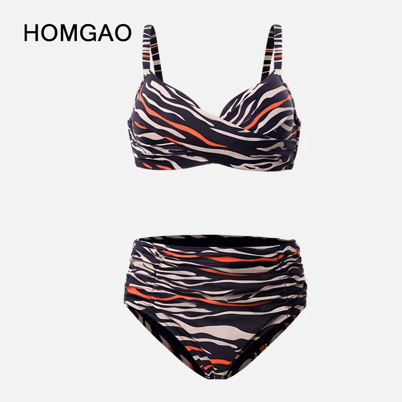 HOMGAO Zebra Stripe High Waist Bikini Sets Swimsuit For Women Sexy V-Neck Shirred Two Pieces Beachwear Bathing Suits Swimwear