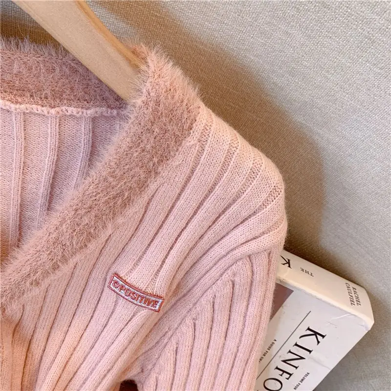 Neploe Fashion V-neck Fluffy Patchwork Pink Sweaters Spring Autumn New Tops Women Y2k Slim Fit Long Sleeve Knitted Cardigan