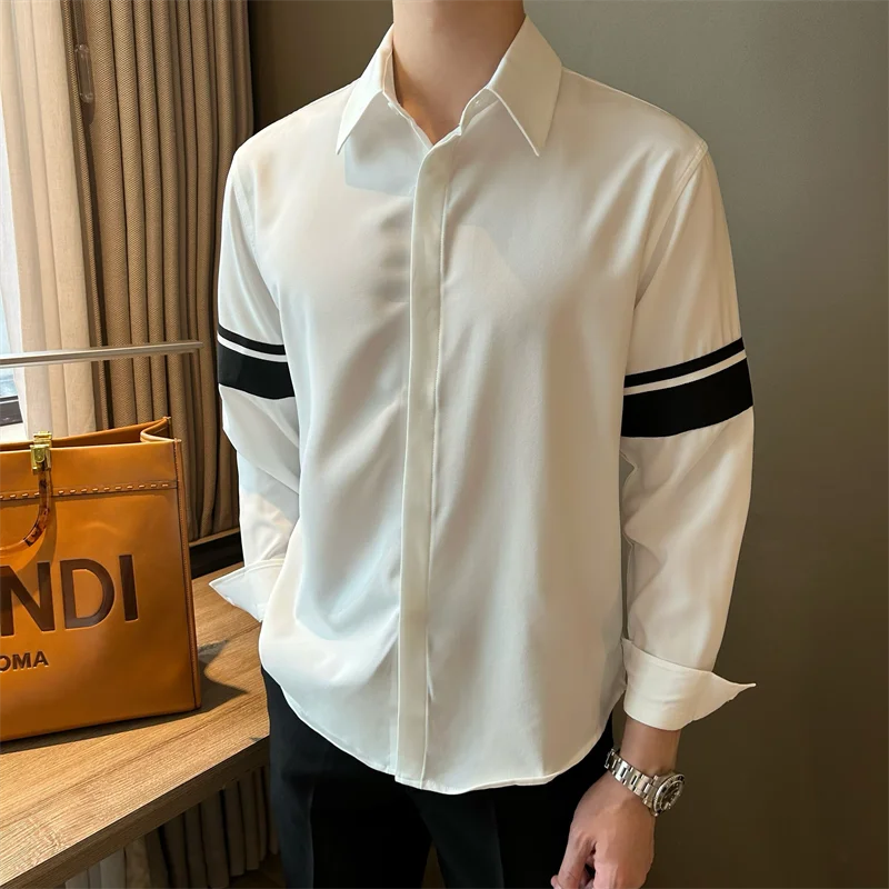 Design Loose and Trendy Korean Style Shirt with Long Sleeves and Patchwork Cuffs Handsome Men's White Shirt