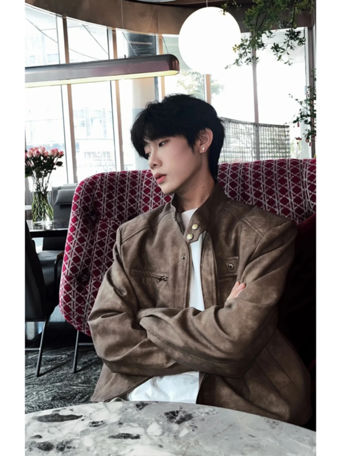 

Кожаная куртка-бомбер Meralda с воротником-стойкой, утепленная, для мужчин, весна-осень, молодежный стиль, уличная мода