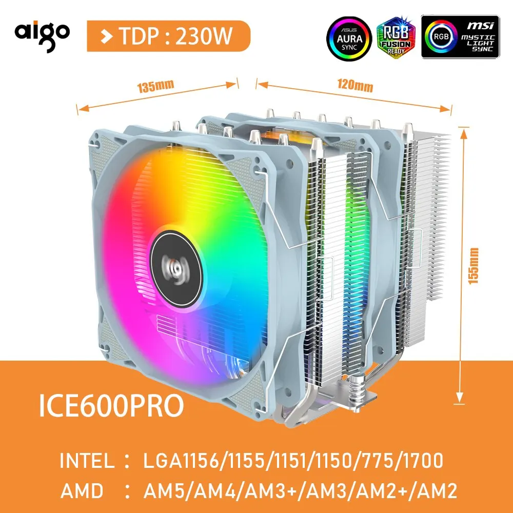 Aigo 6 Heat Pipes CPU Cooler 4 Pin PWM ARGB PC Quiet 120MM CPU Cooling Fan Ventilador Intel LGA 1700 1200 1150 1151 AMD AM4 AM5