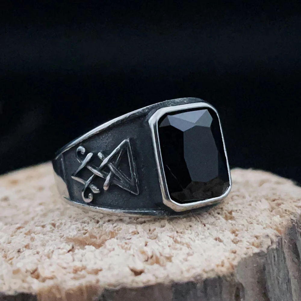 Punk Black Stone Ring Men and Women Universal Retro Satan Lucifer Cross Signet Ring Stainless Steel Fashion Party Jewelry Gift