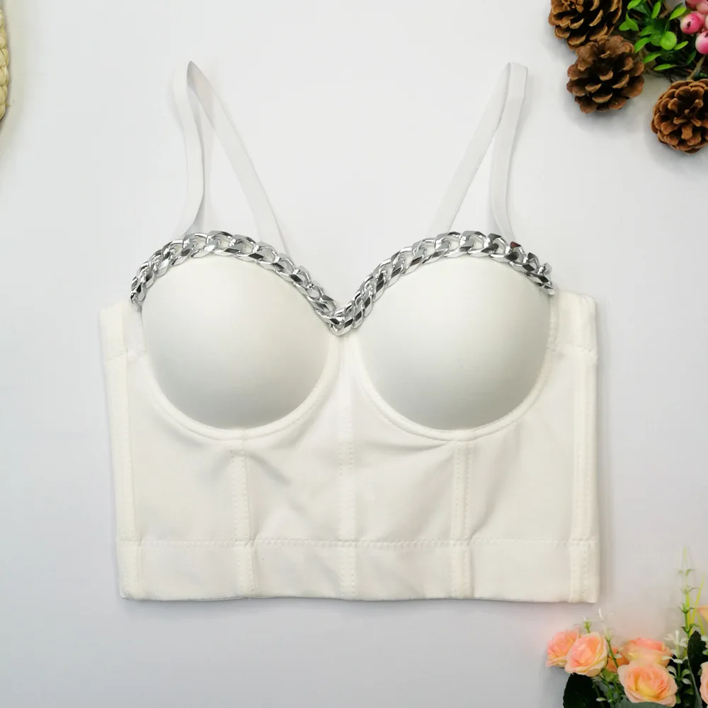 مشد علوي فاخر على شكل هيكل السمكة - سلاسل من حجر الراين الفضي اللامع، أشرطة قابلة للتعديل والإزالة، بوستير مثير للنساء