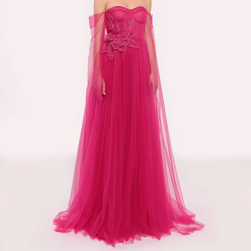 

Customized A-line Evening Dresses Floor-length Off The Shoulder Full Sleeve Prom Gown Fashion Sequined Flowers Draped Party Gown