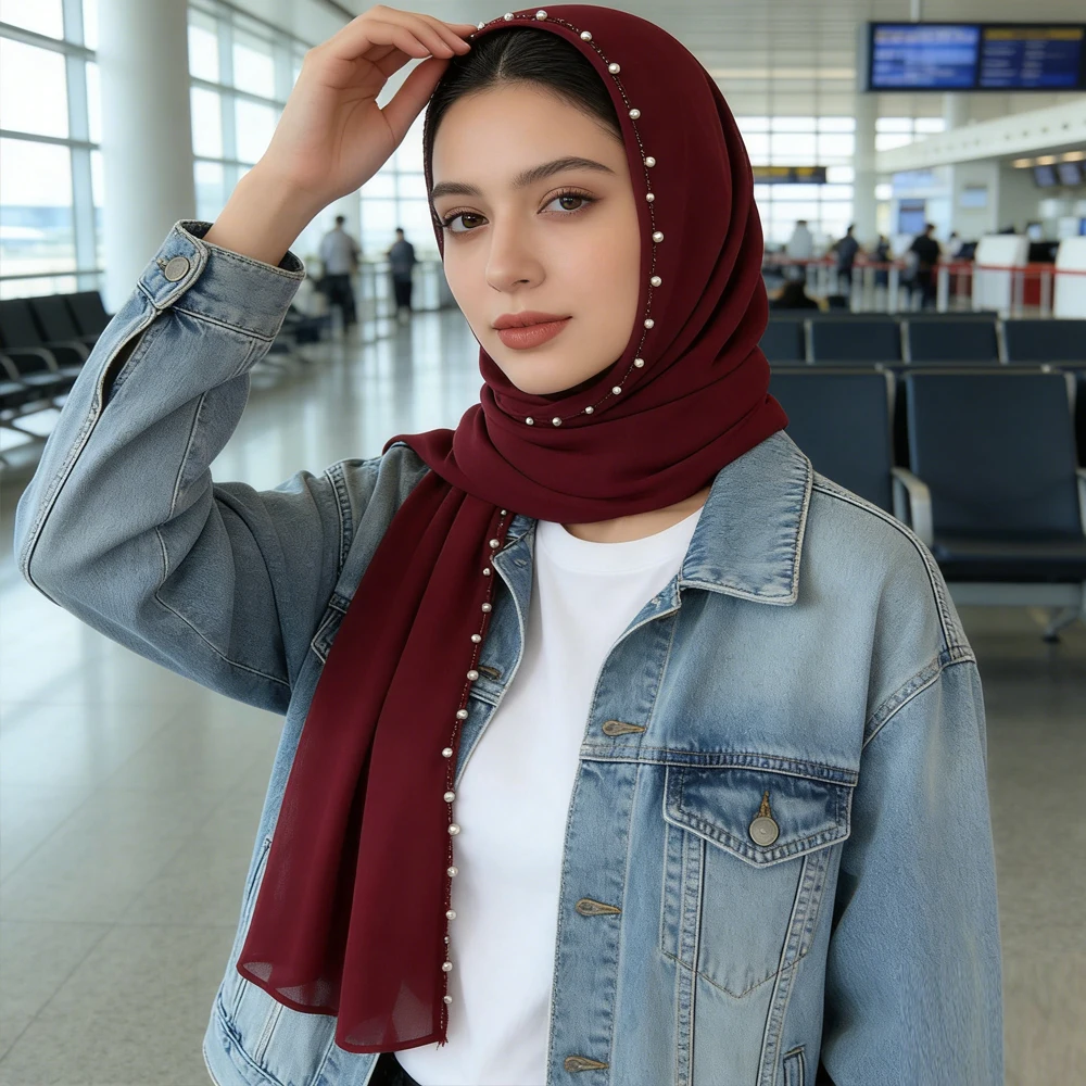 

New Embroidery Pearl Chiffon Scarf Beaded Hijab Women Headscarf Head Wrap Shawl Bandanas Headband Bufanda Foulard Turbante Mujer