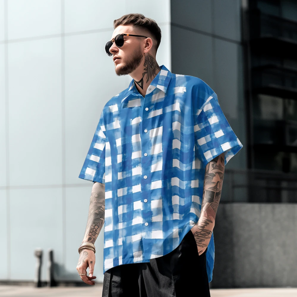 

Summer casual oversized short sleeved shirt with checkered print, loose fit, comfortable Hawaiian beach trend, single breasted