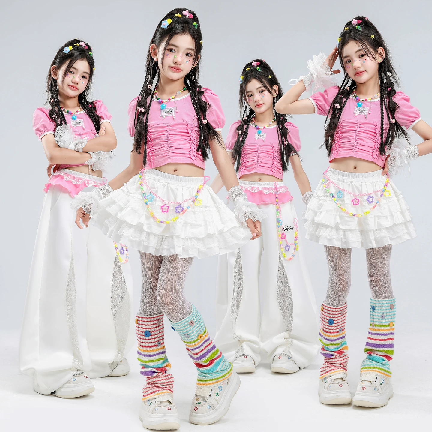 Conjuntos de Ropa de Baile para Niñas, Estilo Preppy, Color Rosa Dulce, Top Corto, Pantalones Blancos, Falda, Ropa Urbana, Disfraces para Niños, Kpop, Jazz, Hip Hop