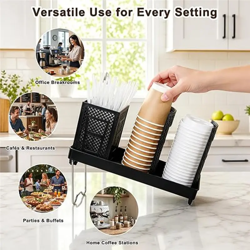 WORTHOWN-Plastic Cup& Lid Holder With Straw Organizer, 3-Compartment Countertop Dispenser Design For 10-24Oz Cups