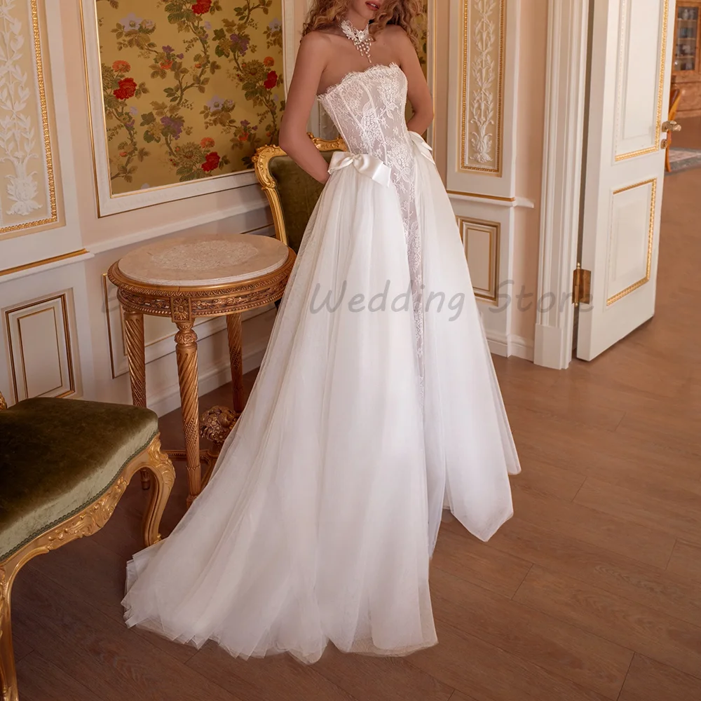 White Strapless Lace Corset Wedding Dress Satin Bow Detail Tulle A Line Bridal Gown Romantic Princess Style