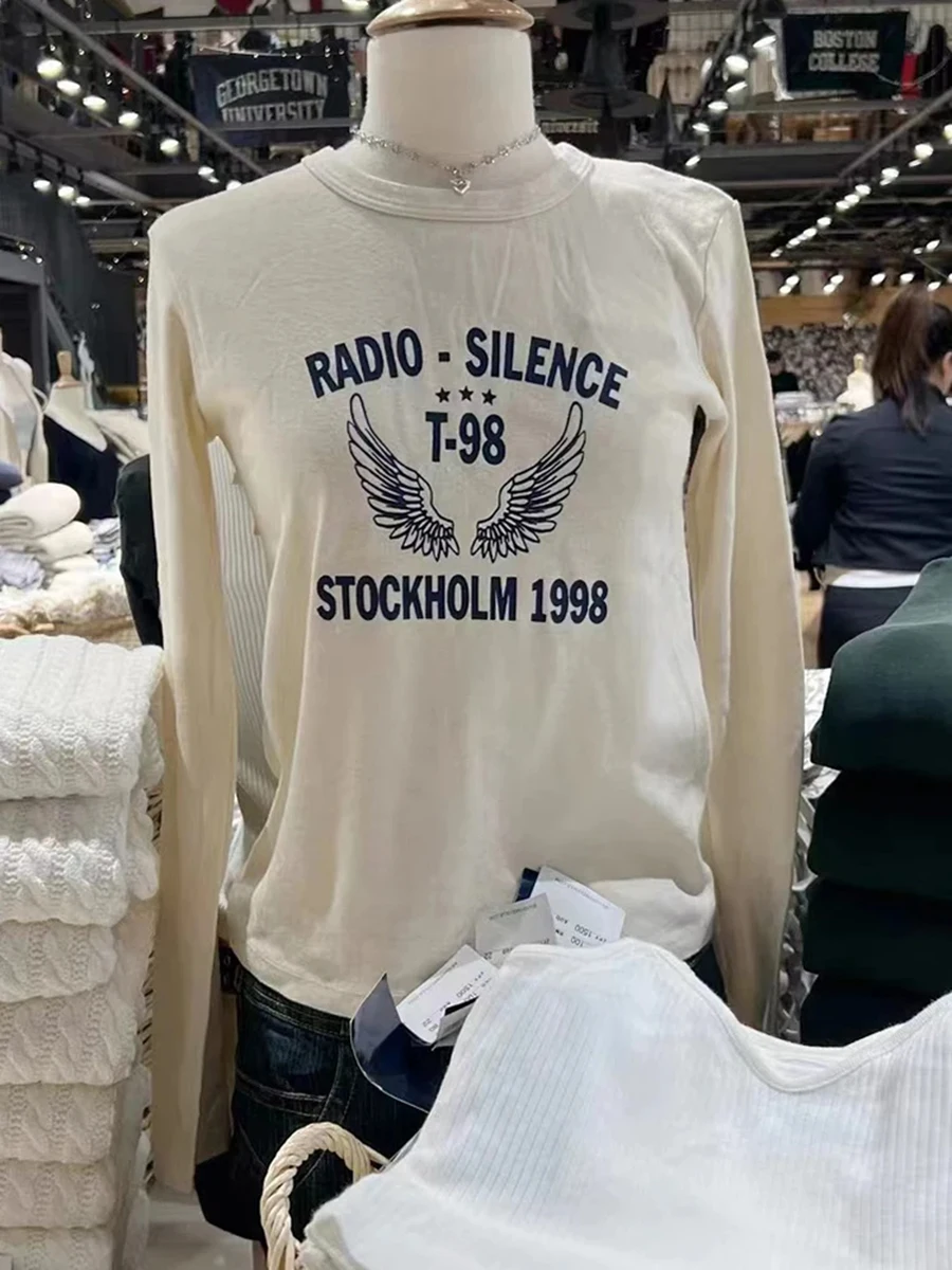 Letter Wing Print T-shirts Women Autumn New O-neck Cotton Slim Long Sleeve Tees Streetwear Chic Simple Vintage Tops Clothes