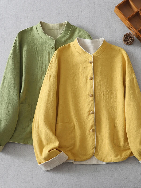 

Women's ort Cotton Linen Jaet Collared Button Front Double Sided Wear irt Chinese Zen Sle Tea Clothing Versatile Top