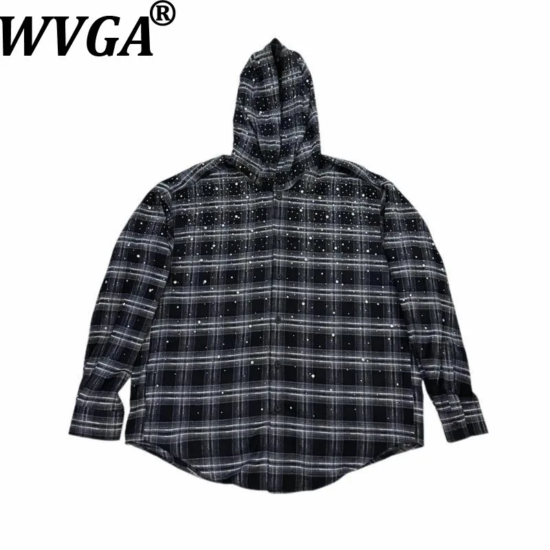 

WVGA Spring Autumn New Man Shirts Hooded Plaid Hot Diamond Long SleeveD Detachable Shoulder Padder Niche Chic Casual Tops W12239