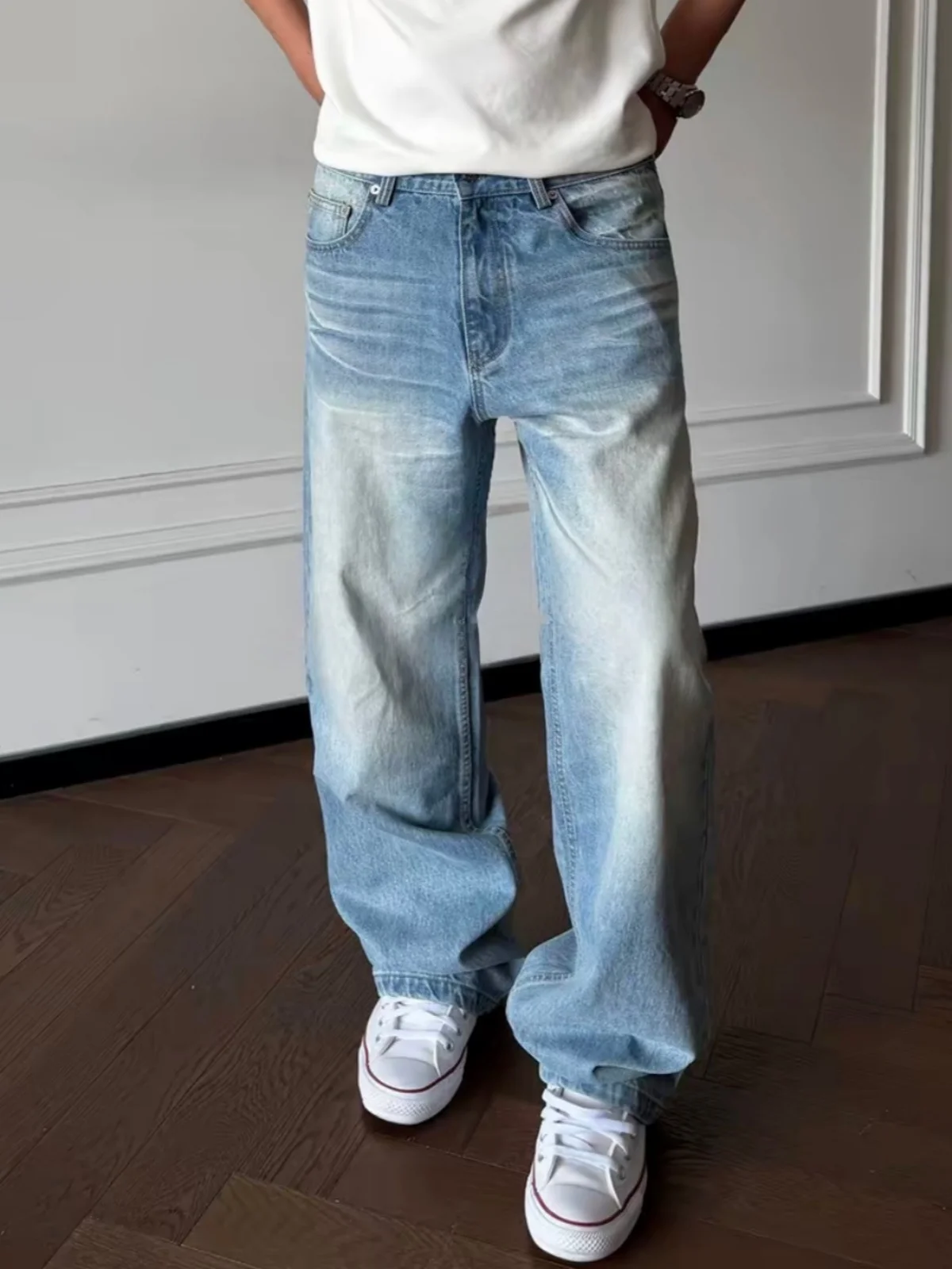 

Весенние мужские джинсы в американском ретро-стиле с эффектом потертости, универсальные, дышащие, эластичные, прямые, повседневные брюки