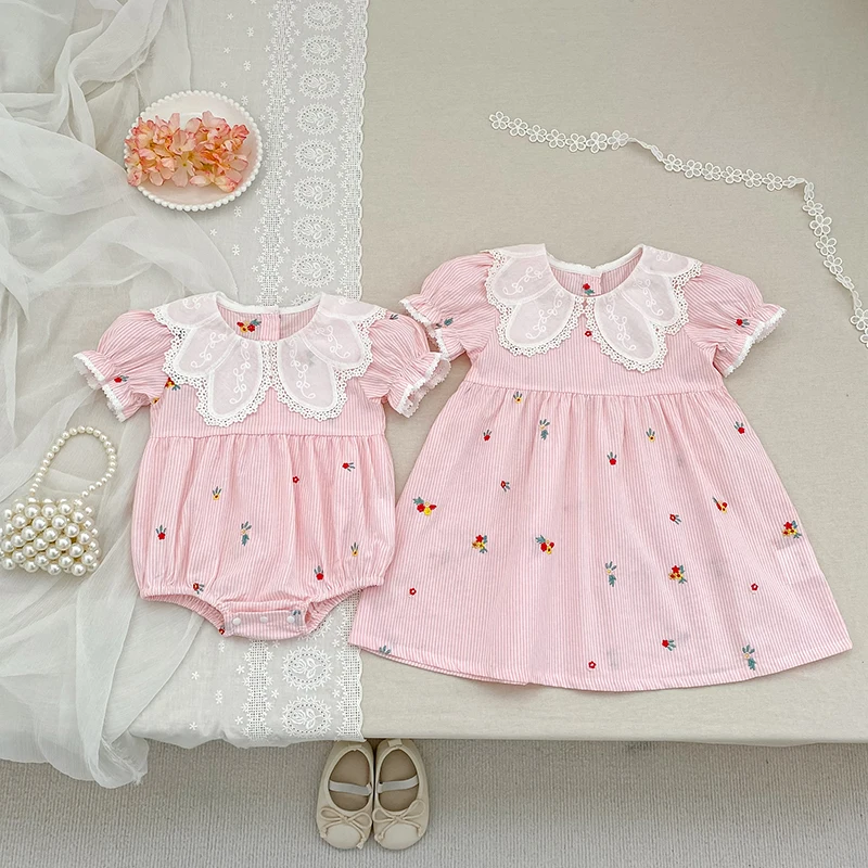 2026 Summer 0-24M Baby Girl Embroidery Collar Bodysuit 2-6Yrs Kid Sweet Party Short Sleeves Lace Collar Dress Pink Sister Dress view 3