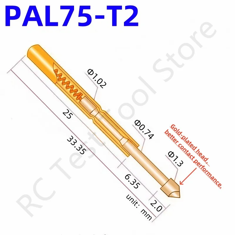 

100PCS PAL75-T2 Spring Test Probe PAL75-T Test Pin PL75-T PL75-T2 Test Tool 33.35mm 1.02mm Needle Gold Tip Dia 1.30mm Pogo Pin