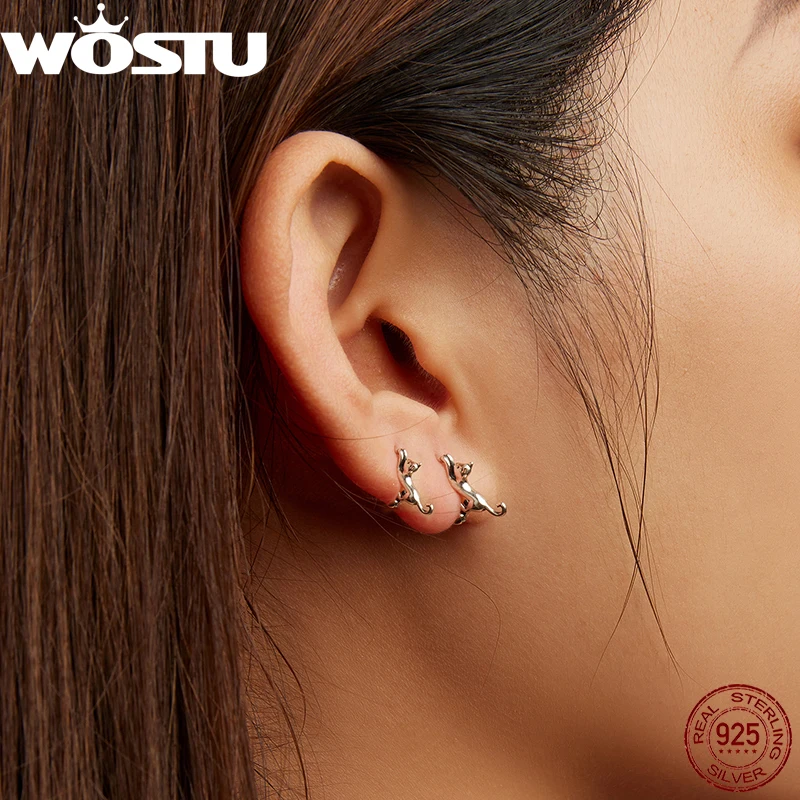 WOSTU 925 Sterling Silver Cute Cat Earrings Oxidation Shining Ear Buckles Hypoallergenic for Wowem Daily Wearing Party Gift