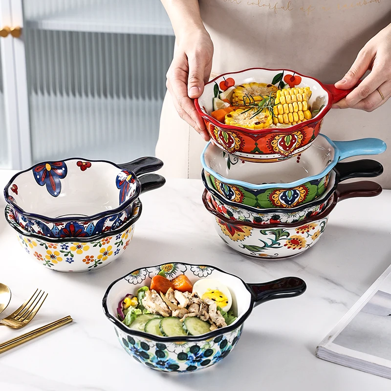 

Ceramic eating household instant noodles bowls with handles, anti-scalding baking bakes, high-value breakfast, single.