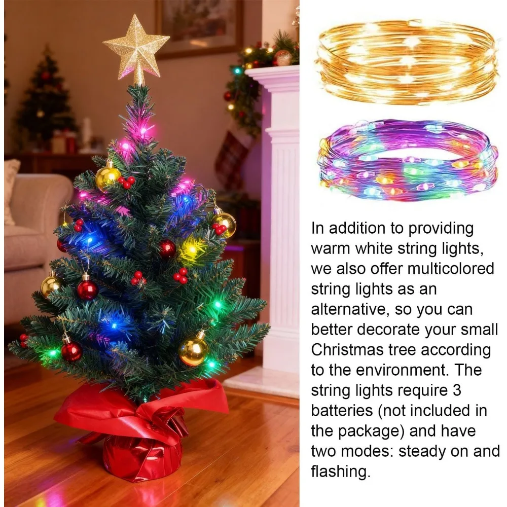 شجرة صنوبر صناعية صغيرة مقاس 24 بوصة لعيد الميلاد مع أضواء LED وحلي زخرفية لعرض عطلة الطاولة