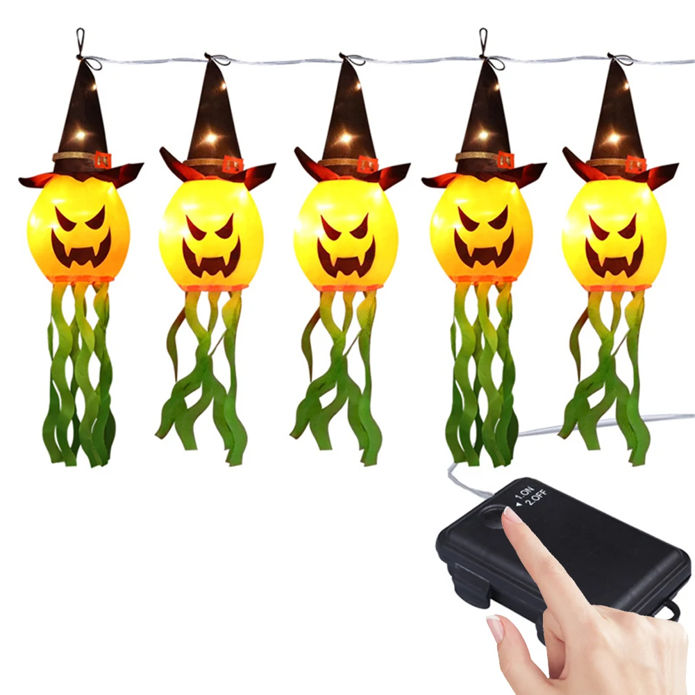 

String of 5 Lighted Hanging Ghost with Witch Hats Hanging Pumpkin Witch Hats with LED Lights String Halloween Outdoor Decoration