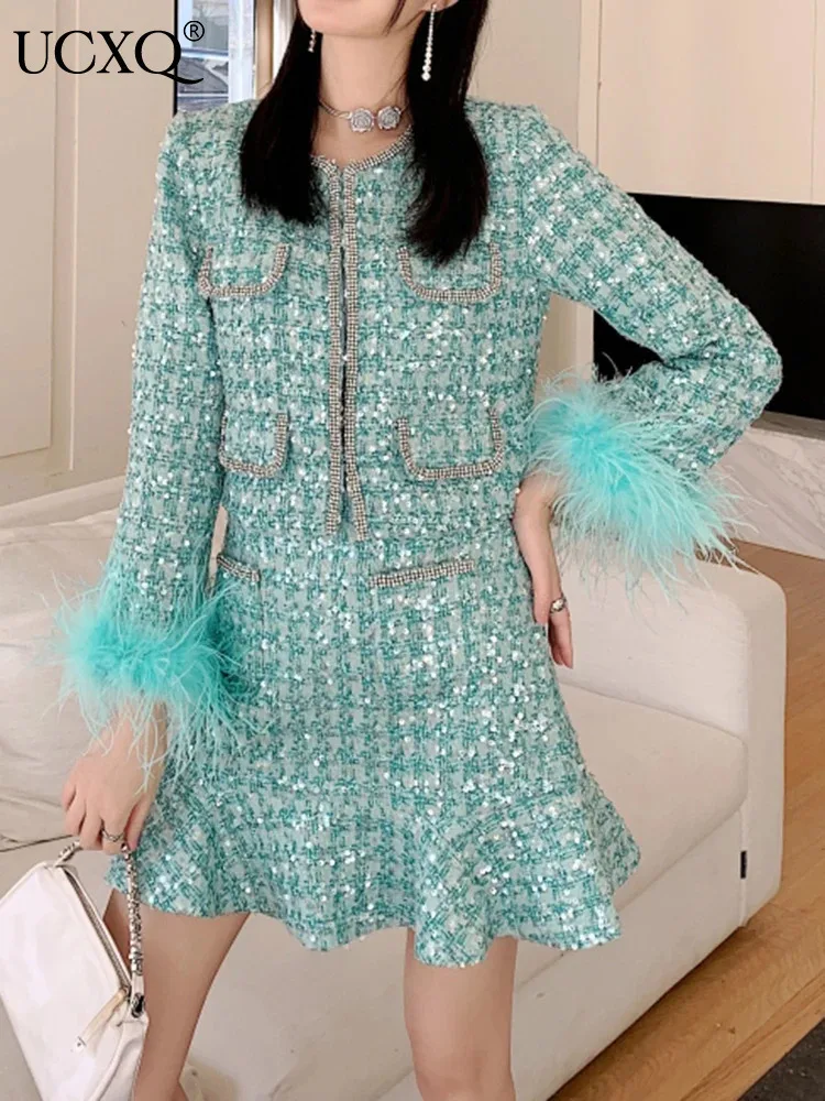 UCXQ Elegant Women\'s Sets Korean Style O Neck Sequined Feather Patchwork Jacket Short Skirt Tweed Set 2024 Spring Autumn 23C1848