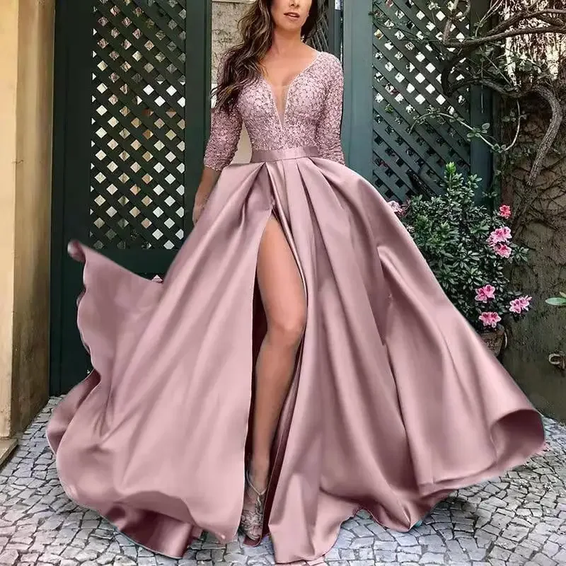 

Sexy V-neck Split Fork Evening 2022 Long Bronzing A-line Formal Prom Party Gowns Half Sleeve Galadress Vestidos Women Dresses