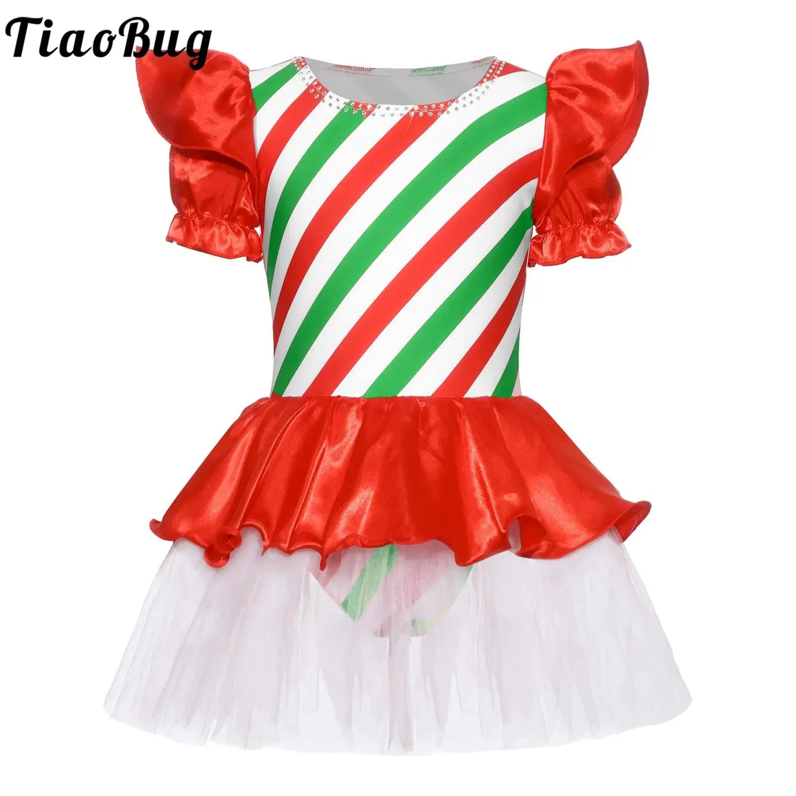 Vestido de Navidad con bastón de caramelo para niñas, tutú, Ropa de baile de Ballet, vestido de tul de manga corta hinchado para fiesta de Navidad, puesta en escena