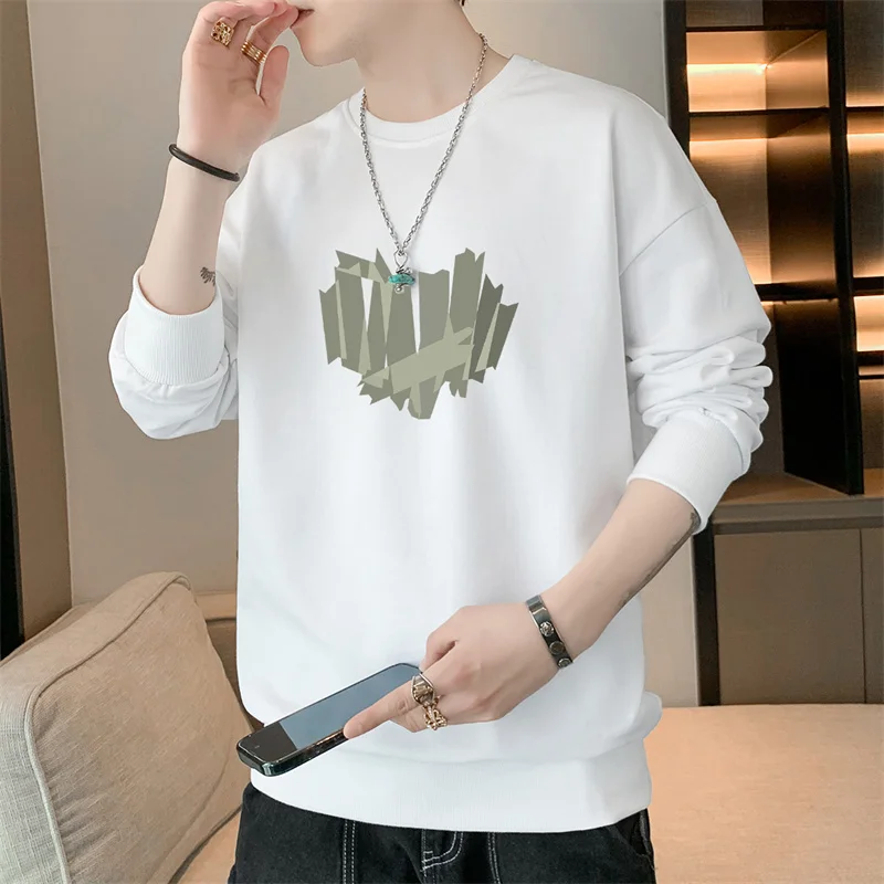 New Spring Autumn Men's Round Neck Hoodies Fashion Trendy Printed Geometric Solid Color Long Sleeve Pullover Casual Bottom Tops