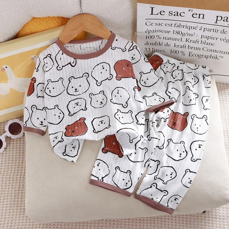 2026 New Boys Girls Pure Cotton Home Pajamas Set Three Quarter Sleeve Thin Air Conditioned Clothes Summer Sleepwear