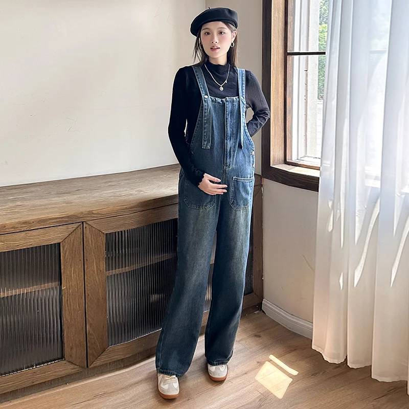 

Vintage Washed Maternity Pregnant Women's Overalls Denim Blue Jeans Youth Pregnancy Jumpsuits Loose Wide Leg Straight Bib Pants