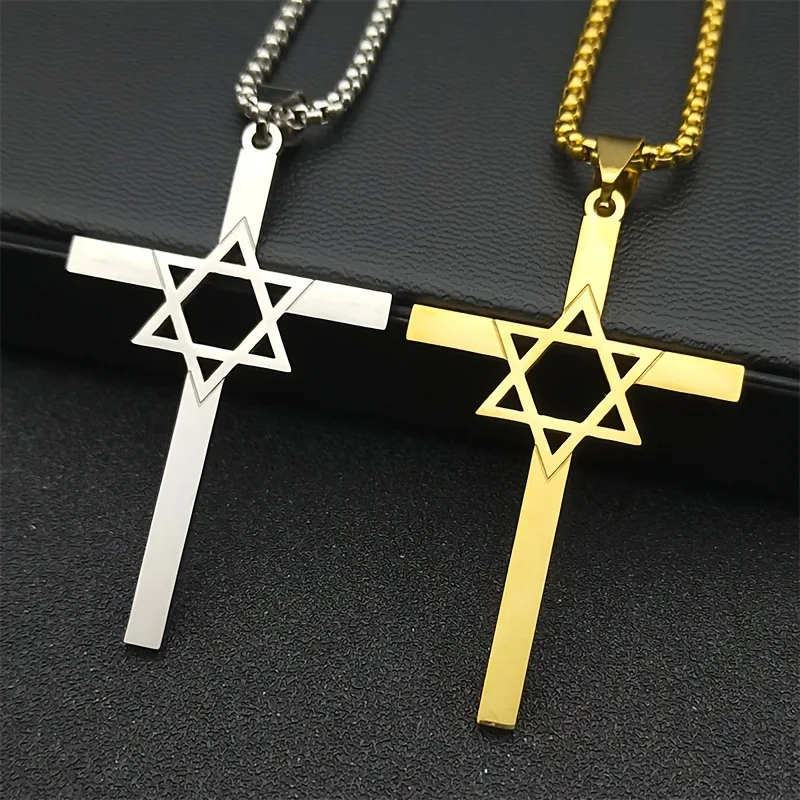 Retro Hollow Star of David Cross Pendant Necklace Fashion Titanium Steel Fade-Proof Necklace Personalized Unisex Trendy Jewelry