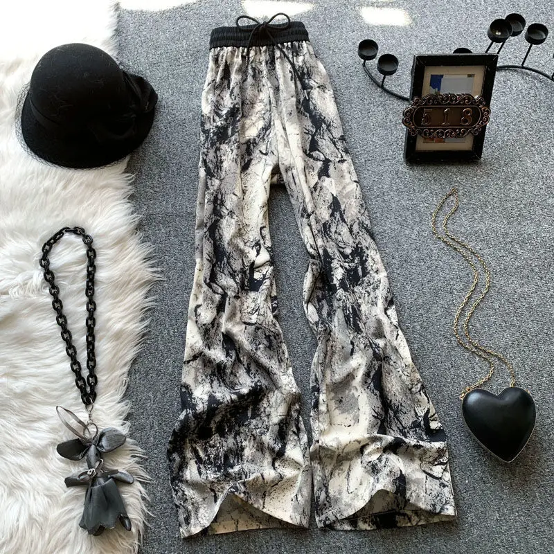 Ink Wash Tie Dye Ice Silk Wide Leg Pants for Women High Waisted Chiffon Thin Straight Leg Mop Pants