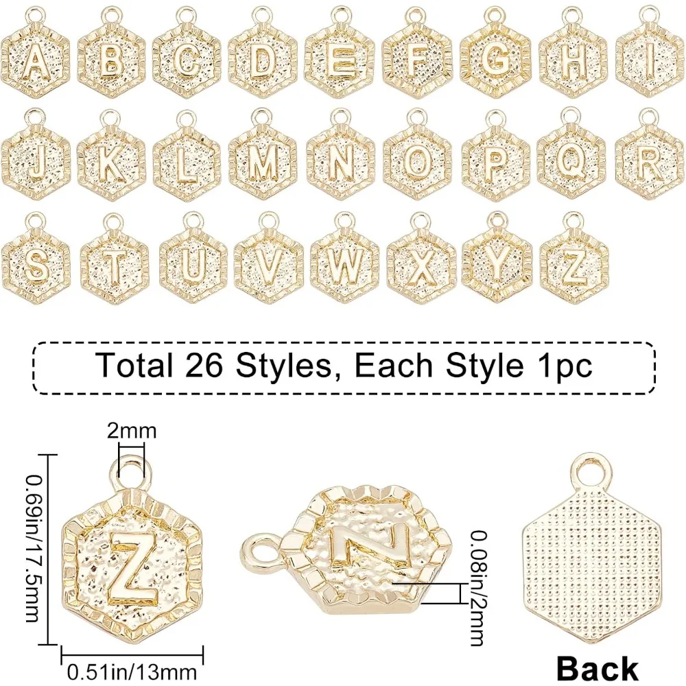 1 Box 26Pcs Real 18K Gold Plated Hexagon Letter Charms Bulk Alphabet Pendant Charm Jewelry Findings for Bracelet Necklace