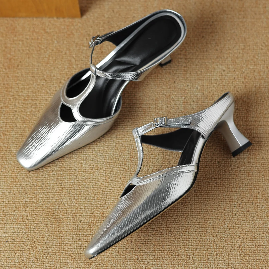 Women\'s genuine leather bordered t-strap 5.5cm thin high heel pointed toe slip-on mules elegant ladies summer sandals shoes sale