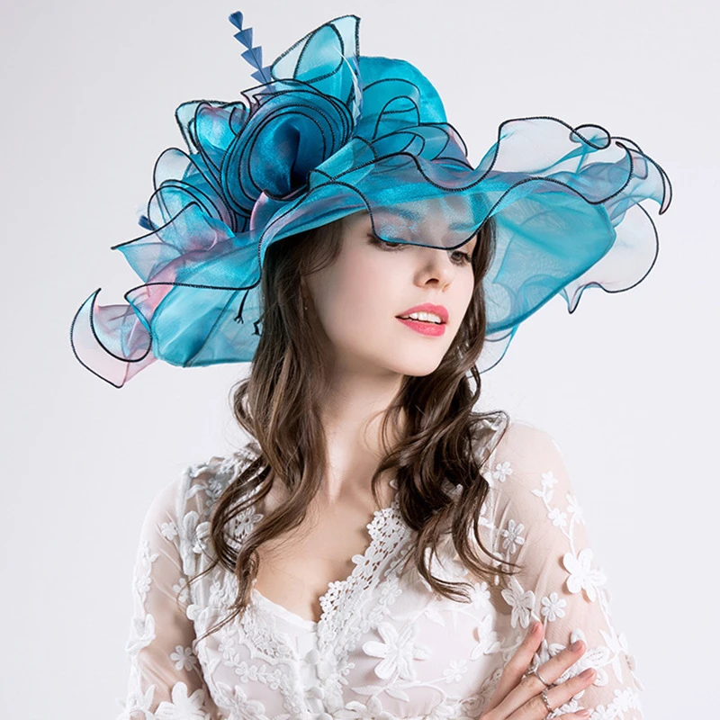 

Summer Kentucky Derby Hats For Women Organza Sun Visor Cap Feather Flower Wedding Church Cocktail Party Fedora Hats