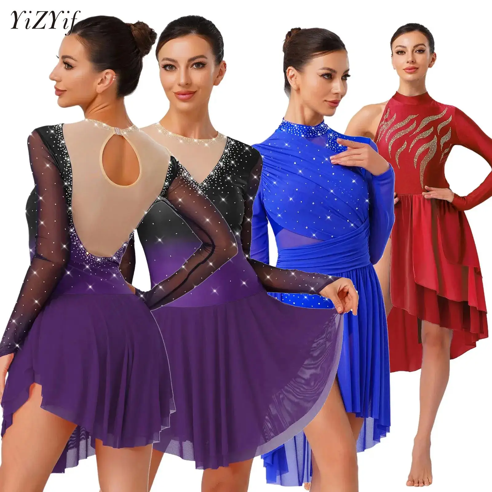 

Womens Glittery Figure Skating Dress Irregular Mesh Patchwork Gradient Dress Gymnastics Ballet Lyrical Dance Performance Costume