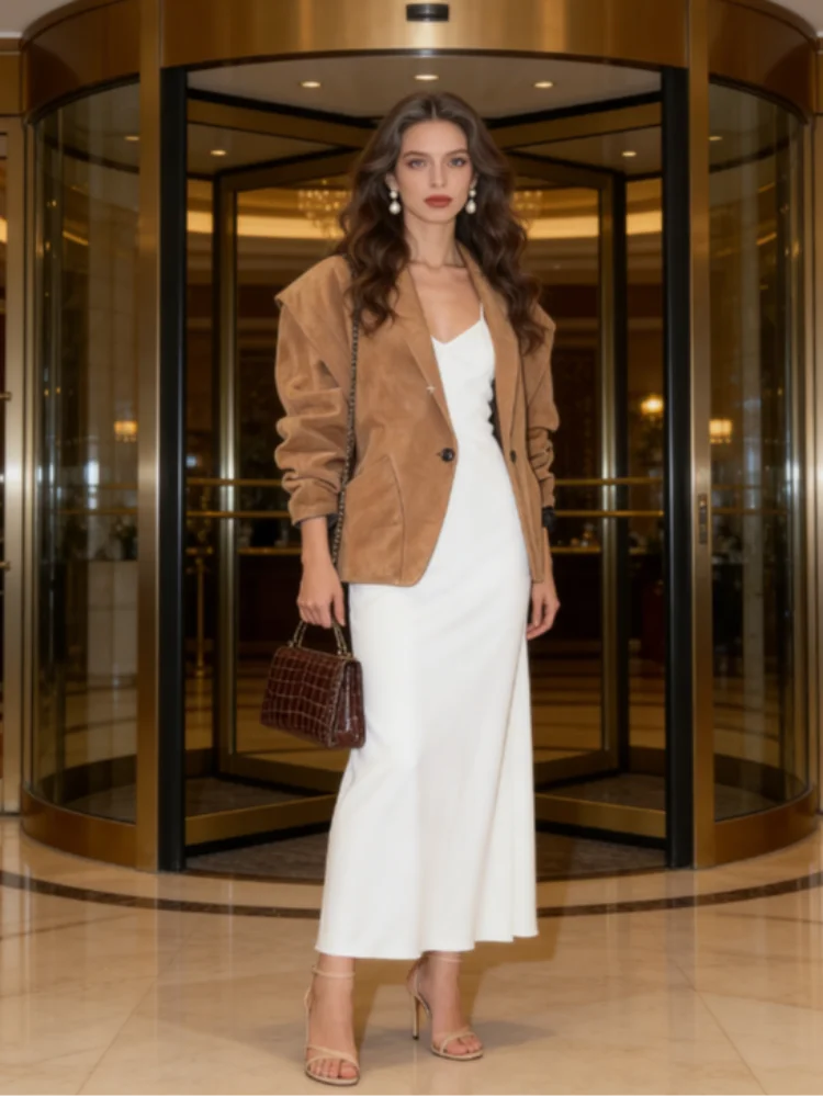 

Замшевая куртка на одной пуговице в стиле ретро, женская повседневная куртка большого размера с длинными рукавами, пальто, женская универсальная шикарная уличная верхняя одежда для вечеринок