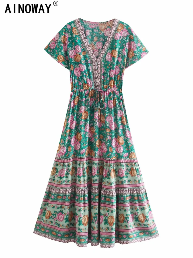 Vintage Chic Fashion Women Floral Print V-neck Rayon Bohemian Maxi Dress Kaftan Ladies Button Beach Summer Boho Dresses Robe