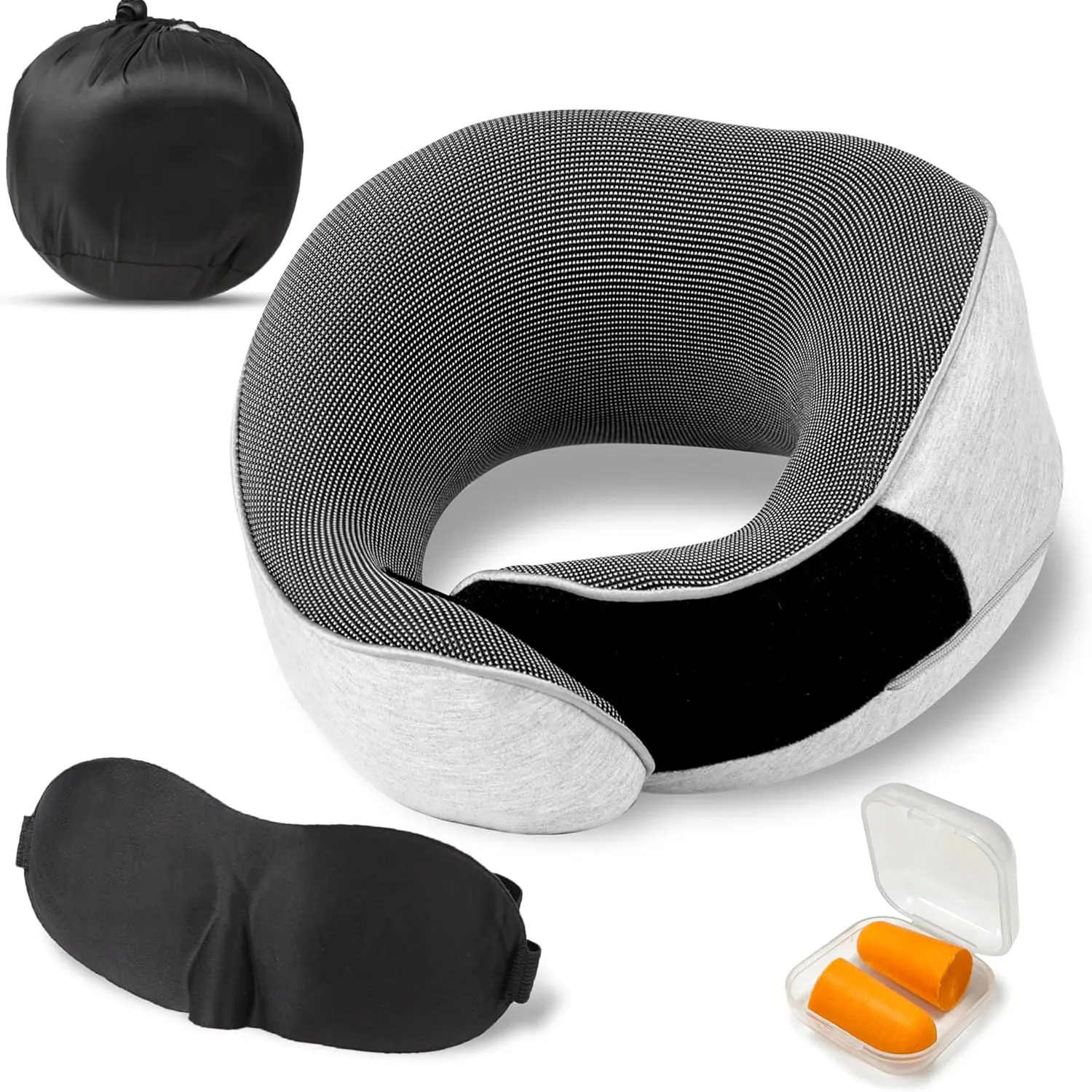 Memory Foam Neck Pillow Set 360 Headrest Airplane Travel Pillows Sleeping U Pillow with Wrap Eye Masks Earplugs and Mesh Bag