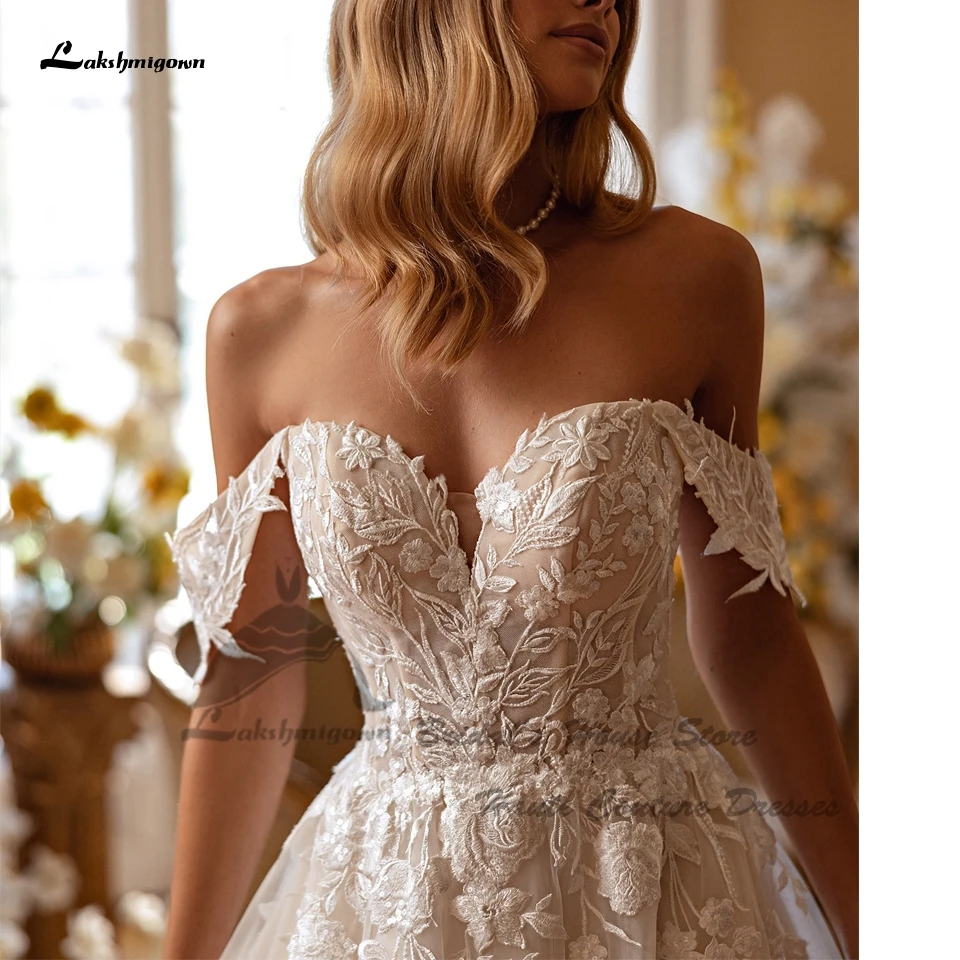 Lakshmigown Luxuriöse Spitzen-Boho-Strandhochzeitskleider 2026, schulterfreie, glitzernde Tüll-Brautkleider, lange Brautkleider mit Herzausschnitt, Vestido De Novia – Detail 3