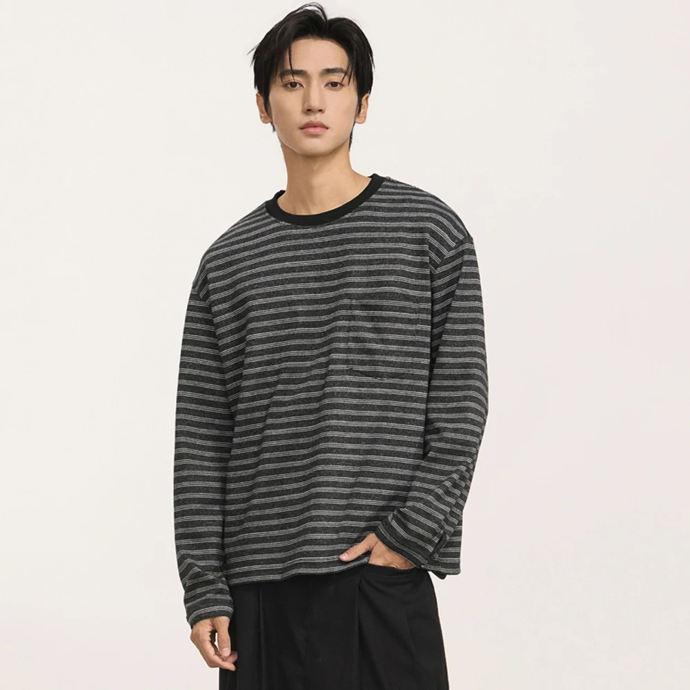 Men's Spring Autumn Long Sleeve Loose Casual Vintage Stripe T-shirt City Boy Streetwear T Shirt Tops