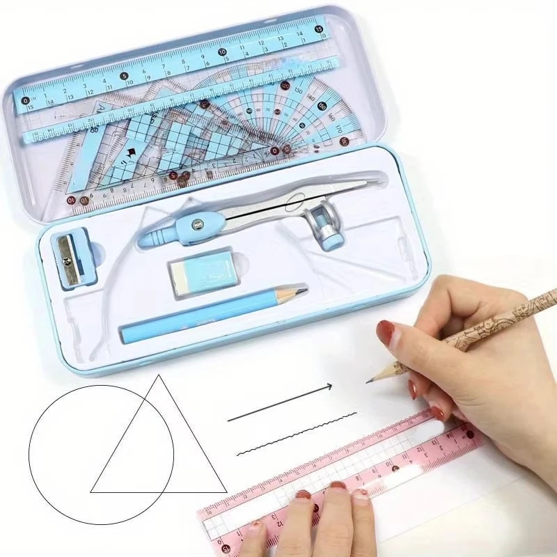 8Pcs/Set Geometry Math Drawing Stationery Set, Ruler Compass Pencil Kit for Students, School Supplies Gift for Boys & Girls
