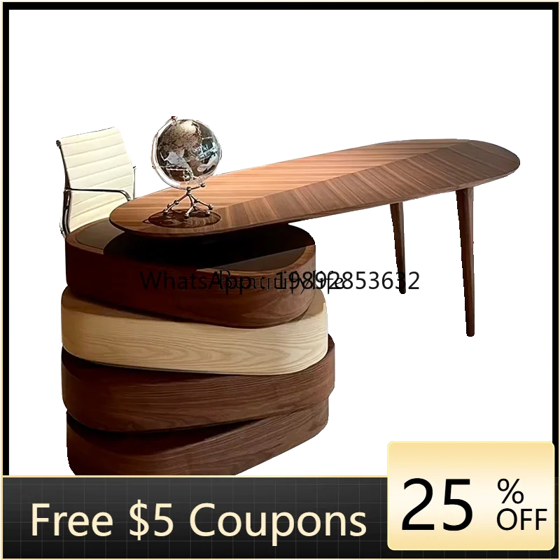 

W2 Italian solid wood modern simple office boss table walnut study retro rotating desk