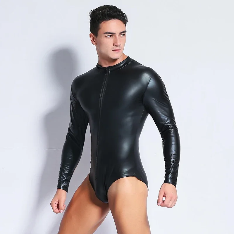 Sexy Men Zipper Faux Leather Tights Bodysuit Black Long Sleeve Pole Dancing Leotard Body Jumpsuit Club Stage Performance Costume