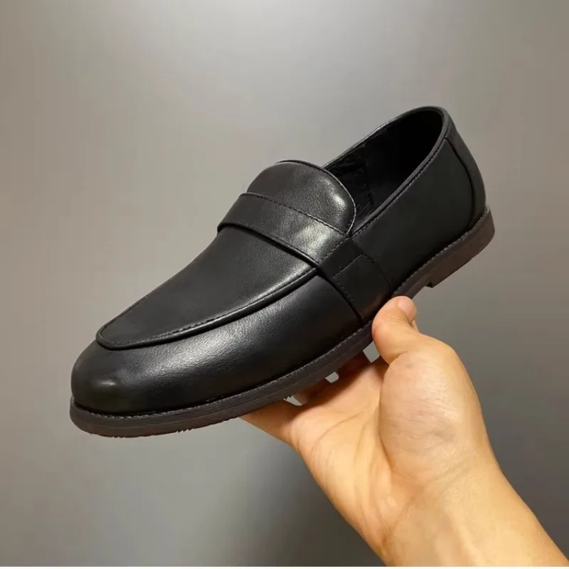 

British Style Men's Casual Leather Shoes Male Breathable Slip on Fashion Vintage Genuine Leather Dress Loafers Oxfords Black