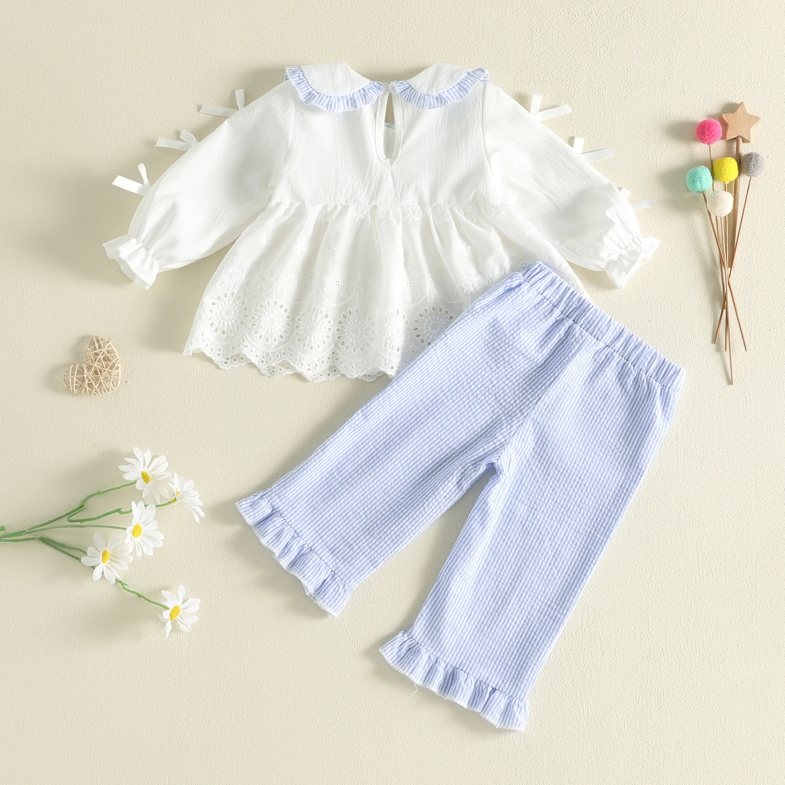 1-4Y Girls Fall Outfit Long Sleeve Doll Collar Bows Lace shirt with Striped Pants Sweet Girls Sets