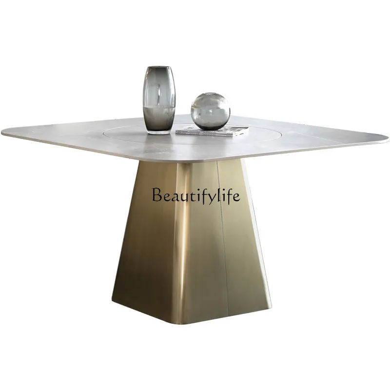 

Italian imported gray rock slab dining table simple square with turntable